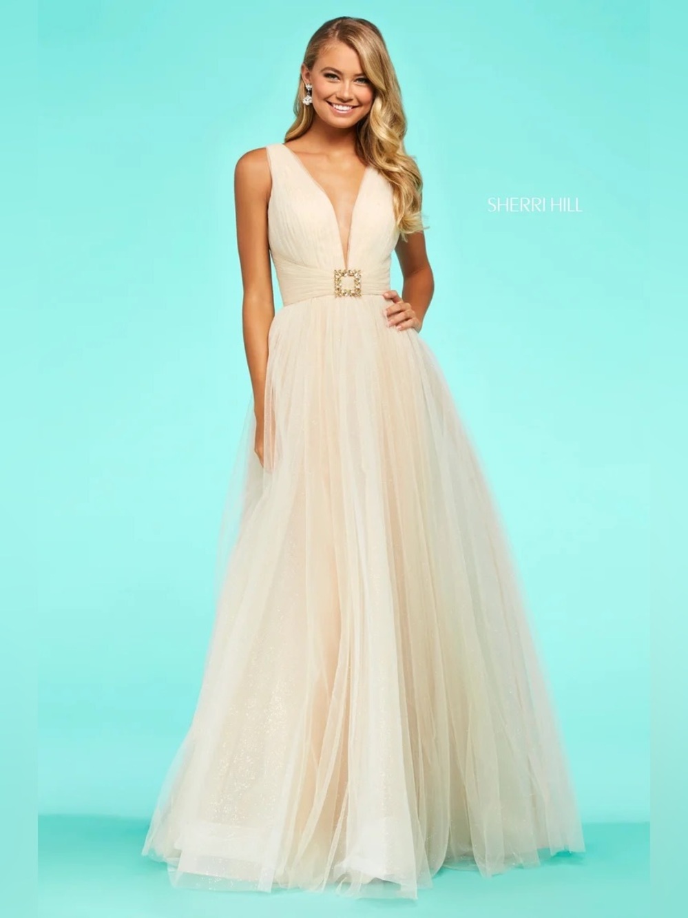Sherri Hill Champagne Illusion V-Neck Ball Gown